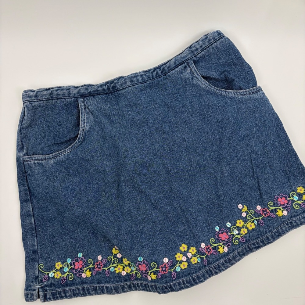 Limited Too Vintage Girls Blue Denim Floral Embroidered Sequin Skort Size 14